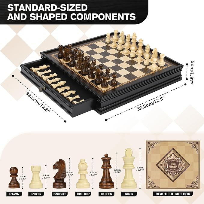 Peradix Magnetic Chess Checkers Board Sets with 2 Built-in Storage Drawers,12.8" Classic 2 in 1 Wooden Games with 2 Extra Queens for Kids and Adults,Travel Portable Chess Game Set
