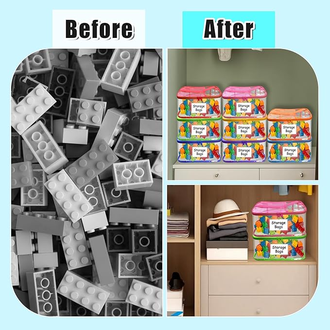 8 Pack Large Clear Toy Storage Bags with Zipper - 9.4x6.7x5.1In Waterproof PVC Organization for Lego, Building Blocks, Board Games & Puzzles - Includes Name Tag (Colorful)
