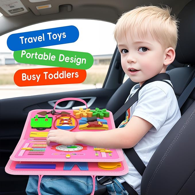 Busy Board Trave Toys for Toddlers 1 2 3 4, Girl Birthday Gift Preschool Learning Activities Educational Toys, Montessori Toys for 2 3 4 Year Old Girls Gift, Pink Mermaid