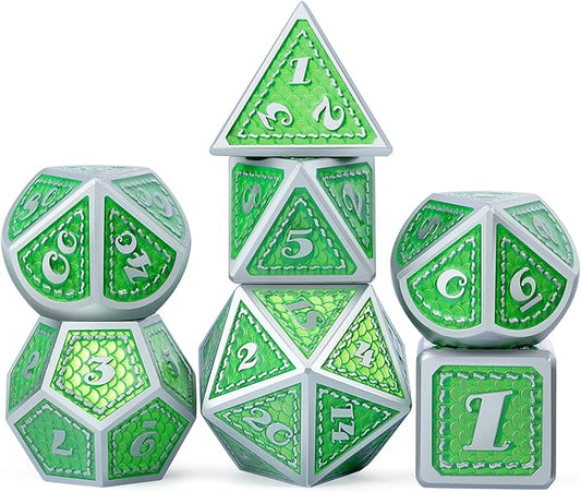 DND Metal Dice Set with Gift Metal Tin DNDND Metallic Dungeons and Dragons Dice Set for D&D Game (Neno Green & Green with Matt Silver Edge)