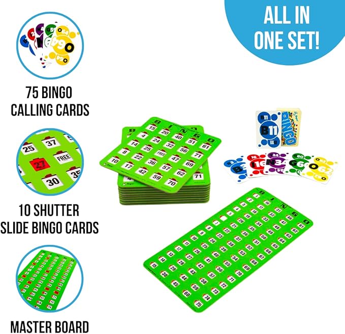 Regal Bingo 10 Bingo Cards with Sliding Windows, Bingo Calling Cards Deck & Master Board Bulk Kit - Reusable Large Print Bingo Game Set for Adults & Seniors Large Group - (Jumbo, Green)