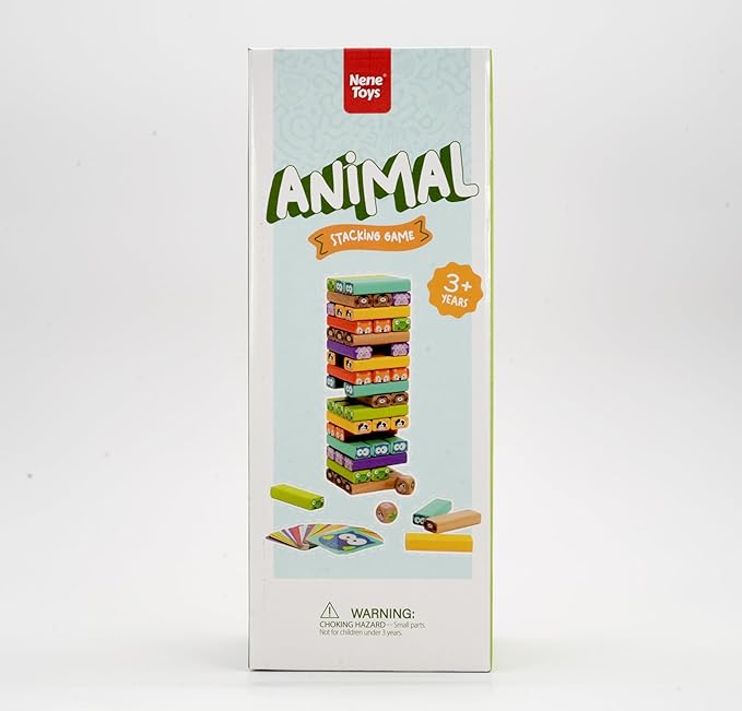 Nene Toys Wooden Tumble Tower Game with Animals & Colors, 4-in-1 Educational Family Board Game for Kids Ages 3-9, Creativity & Cognitive Skills Booster - Gift for Boys Girls 3+ Years