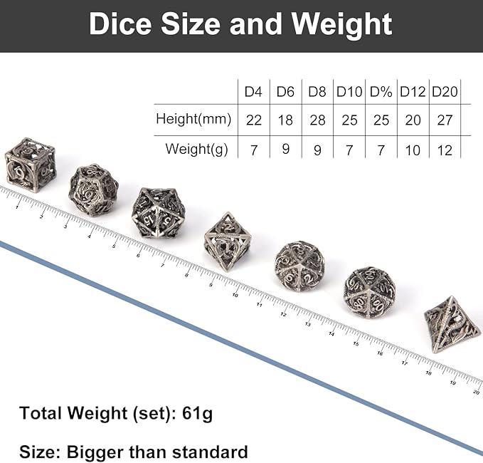 DND Dice,Hollow D&D Metal Dice,Dungeons and Dragons Dice Set with Gift Box,7 PCs Steampunk Polyhedral Dice Games Set for RPG,MTG,Pathfinder,(Dragon Ancient Silver)