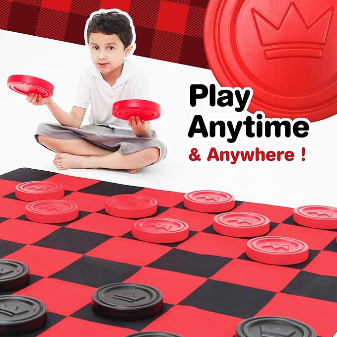 Jumbo Checkers Set with Storage Bag - 58 inch mat - Outdoor & Indoor Play Toys, Backyard Board Games, Family Party, Birthday for Toddlers Ages 5 6 7 8 Year Old - Amazon Exclusive