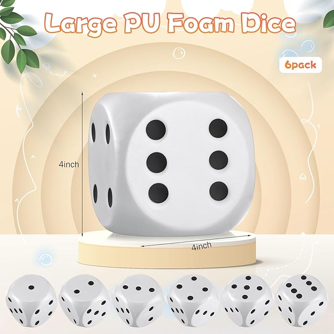 6 Pcs 4" Large Foam Dice Giant Cube with 6 Sided Number Dots Jumbo Soft Slow Big PU Foam Stress Ball for Party Game Math Learning Props Stress Relief Gifts(White)