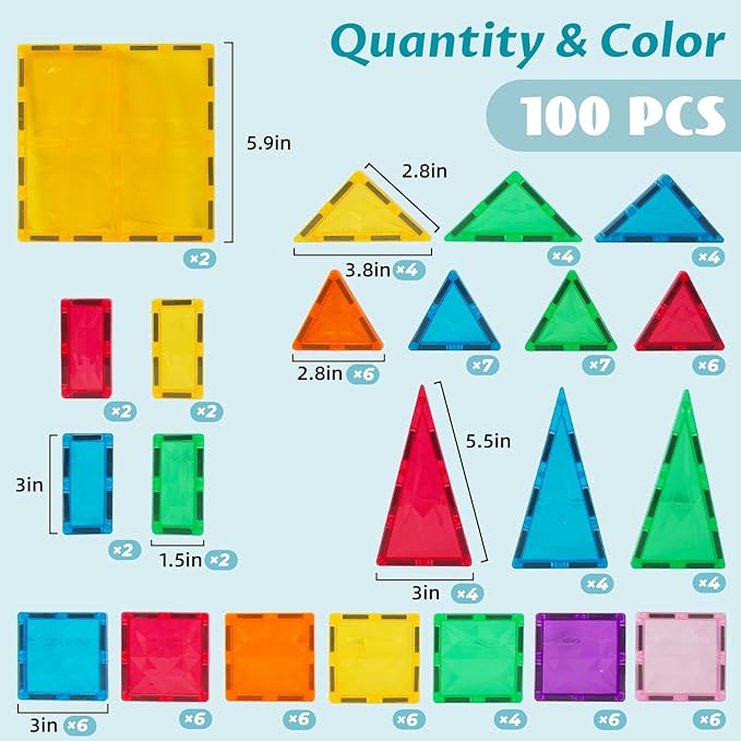 Magnetic Building Tiles 100 PCS Magnets Stacking Kids Toys STEM Sensory Games Educational Construction Toys Christmas Toy Gift for Boys and Girls 3 Year Old Up (Large)