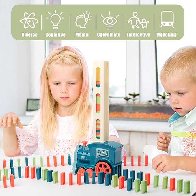 Automatic Domino Train for Kids 200pcs Blocks Montessori Dominos Stacking Toys Christmas or Birthday Gifts for 3 4 5 Year Old Boys Girls Toddler Age 6-8 Game Play (Blue)