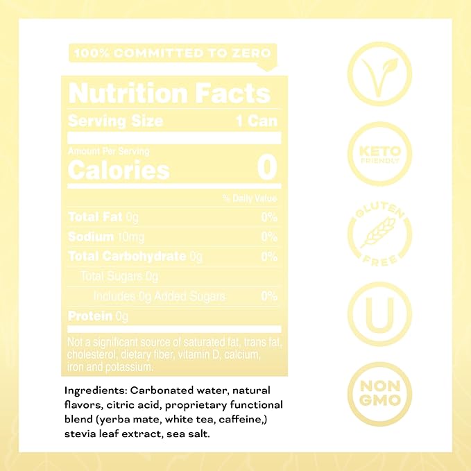 Yerbae Energy Beverage - Classic Lemonade, 0 Sugar, 0 Calories, 0 Carbs, Energized by Yerba Mate, Plant-Based, Healthy Alternative to Sugary Drinks, 16oz cans (12 Pack)