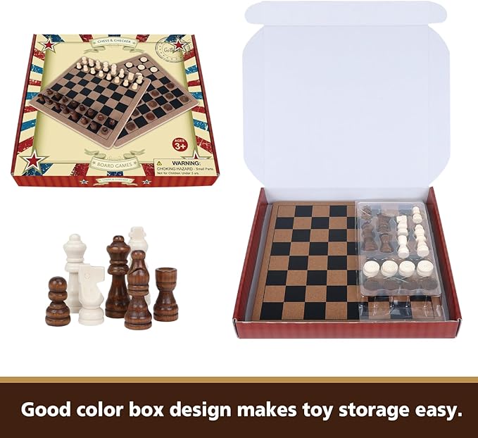 GOTHINK Wooden 2-in-1 Chess and Checker Board Game Set, Classic Game for Kids and Adults, 11 inches Chess Board Set, Perfect for Travel and Family Fun