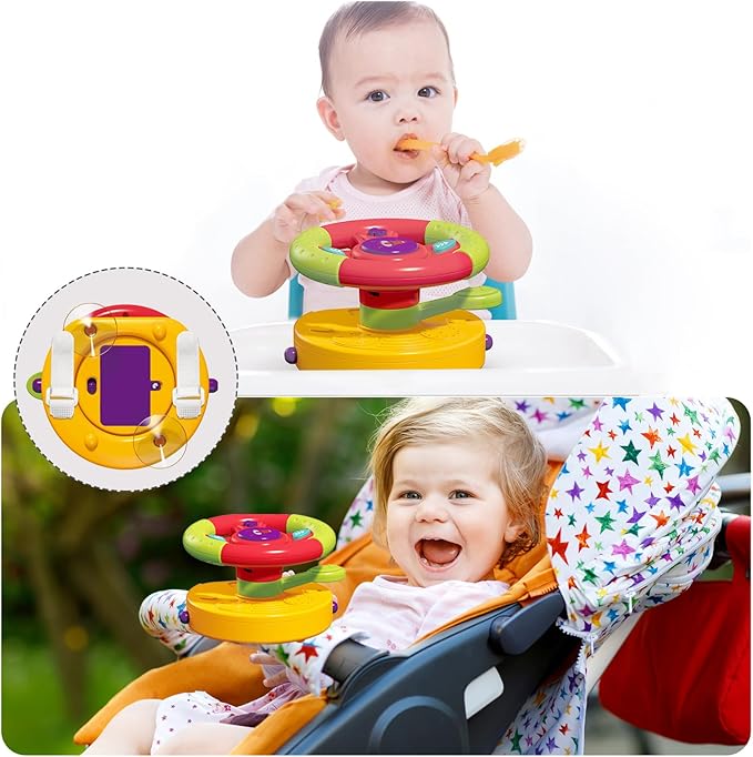 Happytime Travel Baby Toys, Interactive Dashboard Steering Wheel Pretend Play Driving Toy, Rear Car Seat Toys with Mirror 2-in-1 Baby Stroller Toy.
