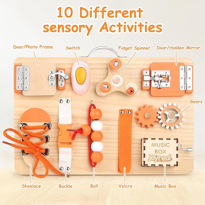 Joyreal Wooden Busy Board for Toddlers - Montessori Sensory Activity Board for Fine Motor Skills, Travel Busy Board Educational Sensory Toys for Children for Toddlers & Kids
