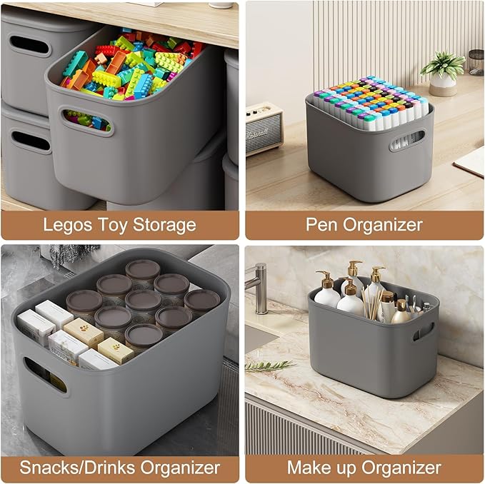 6 Pack Grey Storage Bins with Lids Stackable Storage Container for Organizing, Storage Boxes with Handle for Shelves, Cute Organizer Bins for Craft, Snacks, 9.85x6.9x5.7 inch