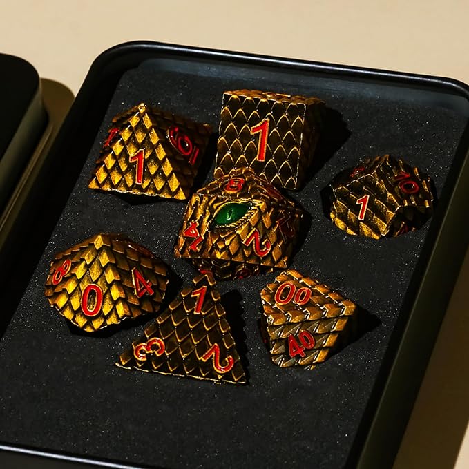 Metal Dice Set D&D,7 PCS Dragon Scale Metallic DND Dice Set,Dragon Eye Metal Dice with Gift Metal Box for Dungeons and Dragon Tabletop Game (Yellow Dragon Scale & Green Eye)