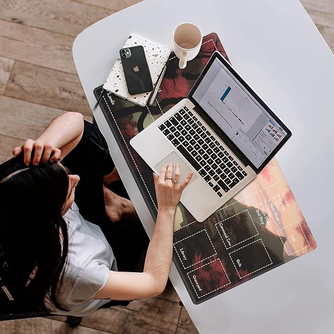 Playmat with Zones for MTG Card Game Playing, 24"x14" Commander Deck Gaming Duel Mat for Beginner, Pink Tree Black Cat