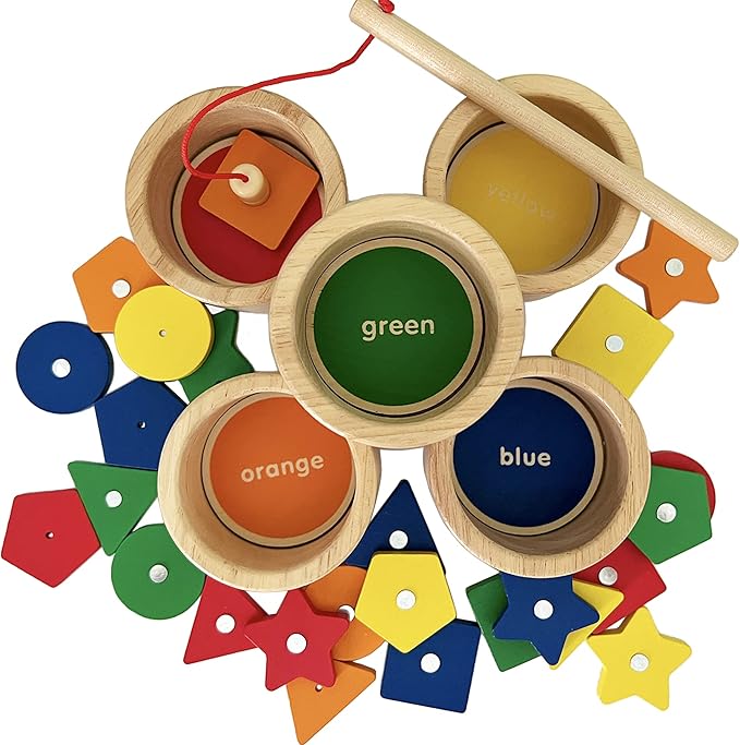 Dailyfunn Montessori Toy Wooden Sorting Cup&Fishing Game 2-in-1 Colors Shapes Sorting Matching Learning Toys for Toddlers 1-3 Year Old