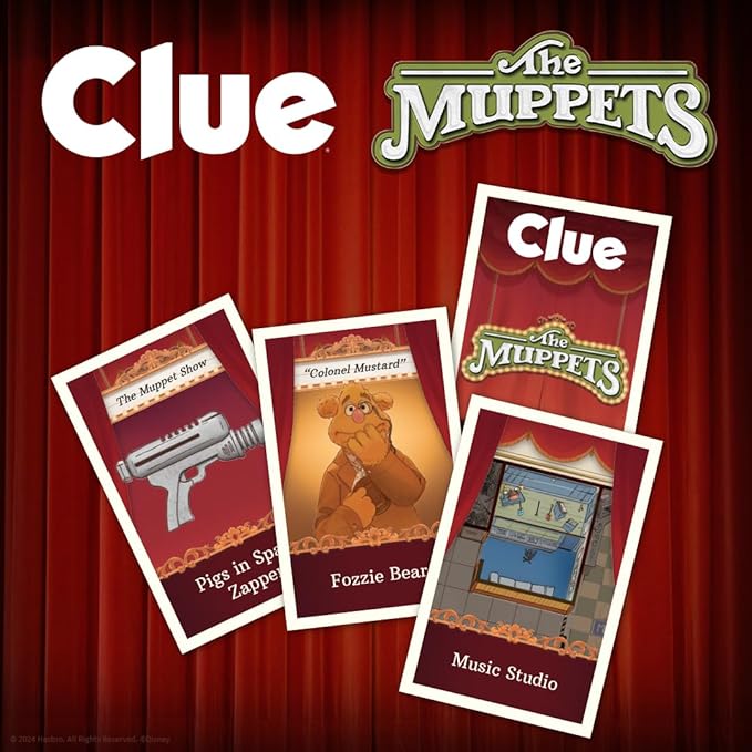 CLUE: The Muppets, Classic Board Game, Solve The Mystery in The Muppet Theater with Kermit, Fozzie, & More, Discover Who, Where, and What Weapon was Used, Officially Licensed The Muppets Merchandise