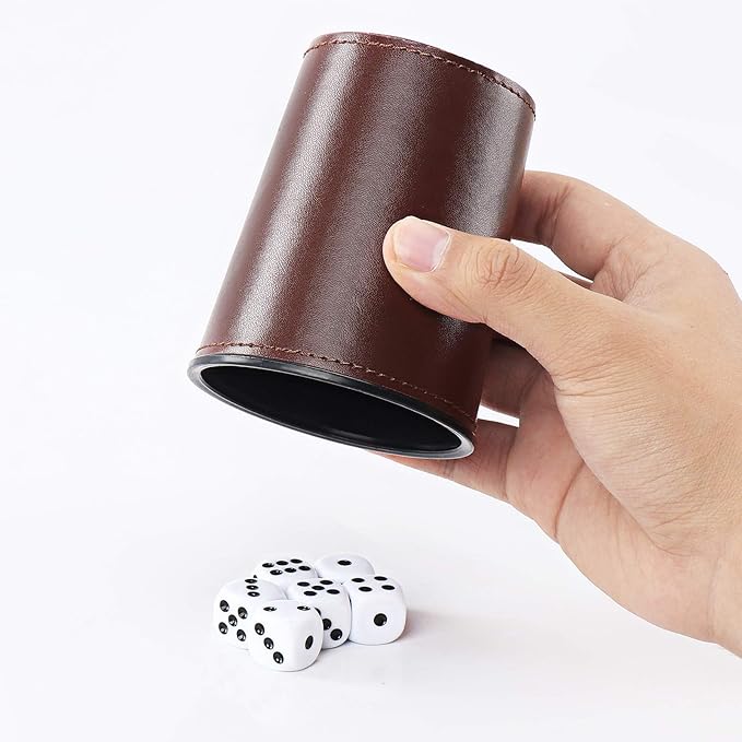 10x Dice Cup Set, PU Leather Dice Shaker Cups with 50 Dices for Bar Party Yahtzee Farkle Dice Games, Coffee (10, Brown)