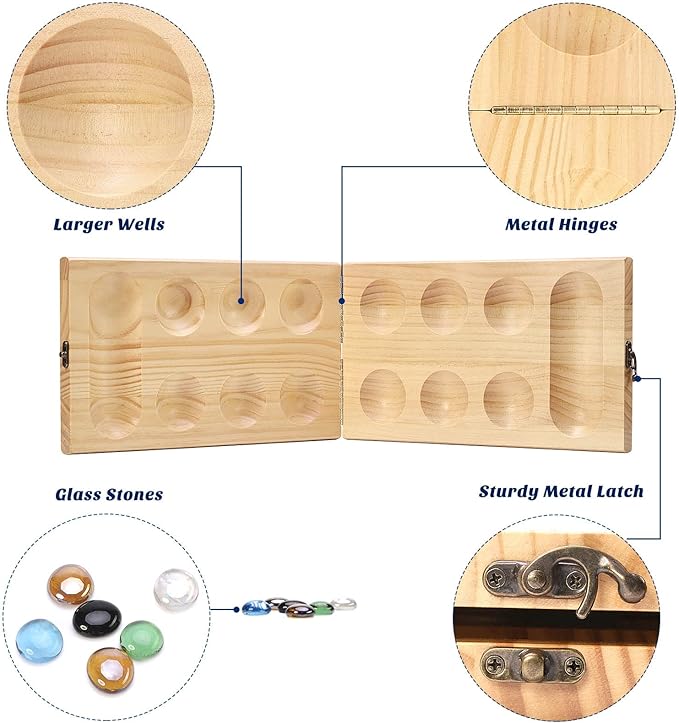 AMEROUS Wooden Mancala Board Game Set - Upgraded Larger Size - 72+8 Bonus Multi Color Glass Stones - Folding Board - Gift Package -Instructions, Portable Board Game for Adults, Kids