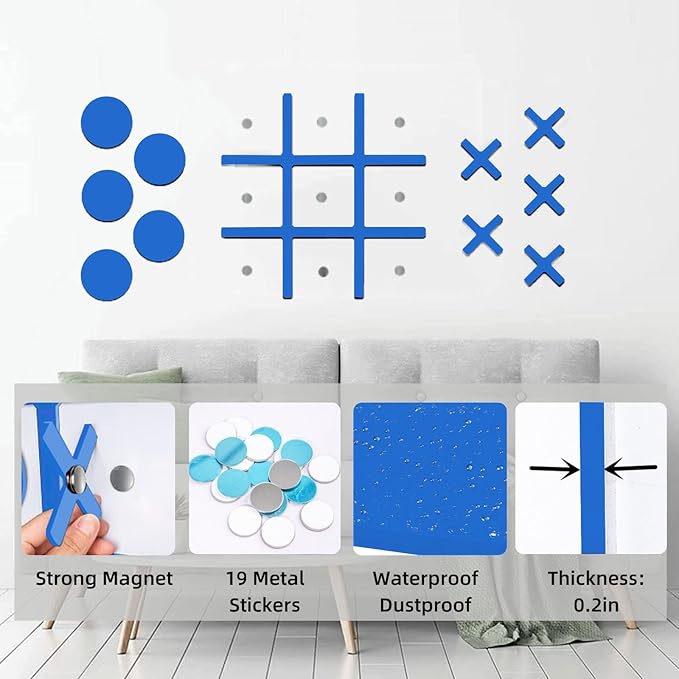 Magnetic Tic Tac Toe Wall-Mount Game,Game Room Decor,Hallway Decor,Playroom Decor,Modern Wall Decals for Kids Room,Classroom&Offices,Best Gift for Family, Friends (Blue)…