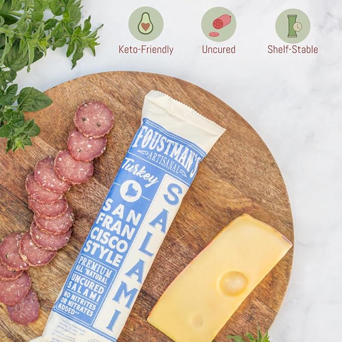 Foustman's Salami Turkey San Francisco Style Salami, Artisanal Turkey Salami, Authentic Flavor for Versatile Snacking and Keto Diets, Gluten-Free, Dairy-Free, Nitrate-Free, Pack of 3, 8 Oz Sticks Each