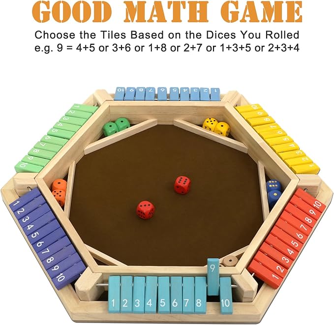 Shut The Box Game, 1-6 Players Wooden Board Dice Game with 14 Dice for Kids and Adults, Classical Tabletop Math Strategy Game for Family Home Classroom Pub