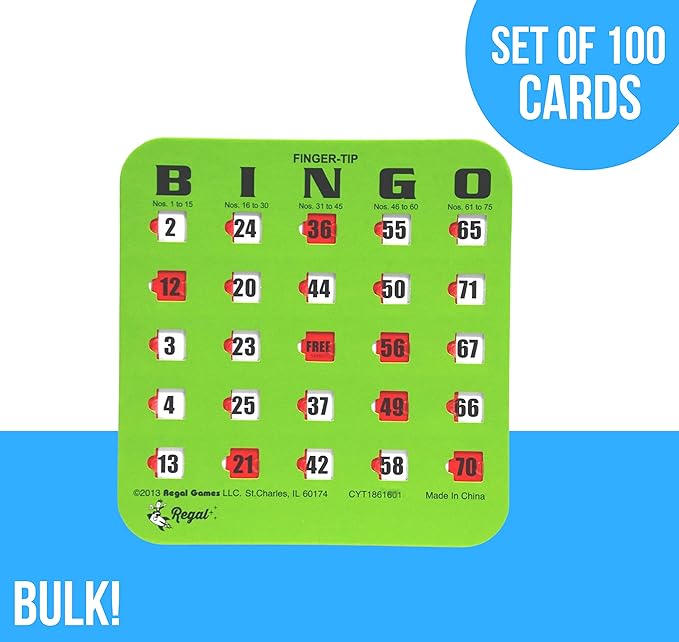 Regal Bingo Bulk Bingo Cards with Sliding Windows - Reusable Large Print Bingo Game Cards for Adults Large Group - 100 Pack, Green