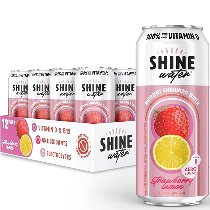 ShineWater Vitamin D Hydration Electrolyte Drink - Flavored water with electrolytes, Sugar-Free, Magnesium, Zinc, Vitamin B12, Plant-Based, Low Calorie - Strawberry Lemon Fruit Water 12 Pack