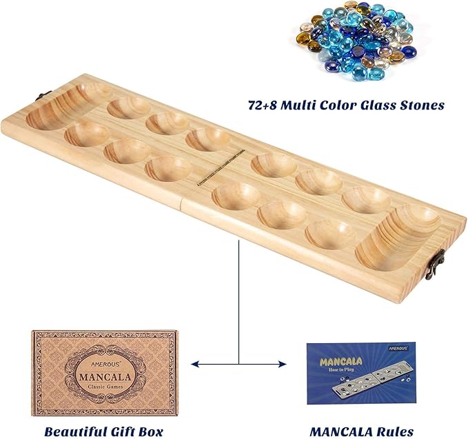 AMEROUS Wooden Mancala Board Game Set - Folding Board - 72+8 Bonus Multi Color Glass Stones - Gift Package - Mancale Instructions, Portable Travel Board Game for Kids and Adults