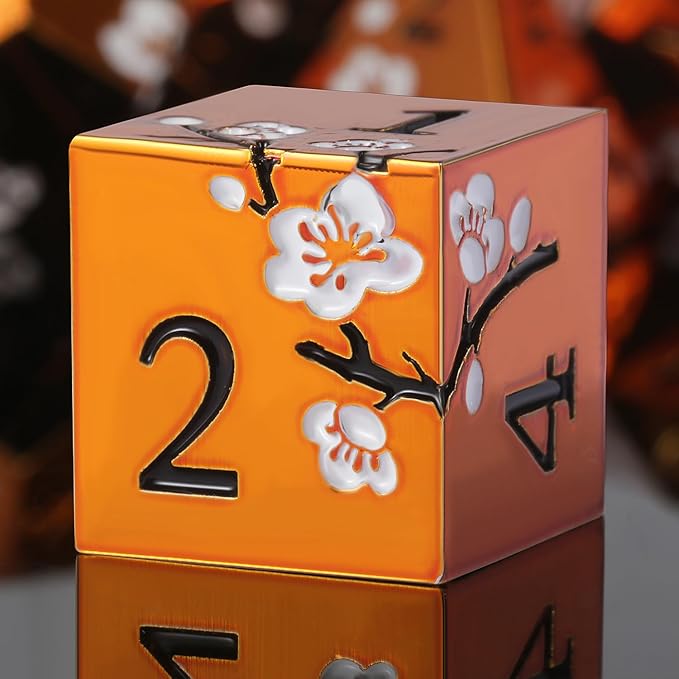 Orange Metal Dice D&D, DNDND 7 PCS Heavy Metallic DND Dice Set with Gorgeous Gift Case for Dungeons and Dragon Tabletop Game (Orange with White Flowers)