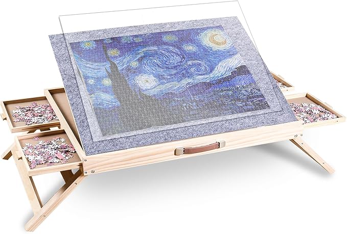 1500 Piece Jigsaw Puzzle Table with Drawers - 34” X 25” - Wooden Puzzle Table with Cover | 3-Tilting-Angle Adjustable & 4 Drawers - Portable and Felted Anti-Slip Surface
