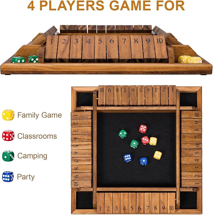 Shut The Box Dice Game with 16 Dice,1-4 Players Wooden Board Table Math Game for Kids Adults, Classic Dice Board Game for Classroom,Home,Party or Pub（12 inches）