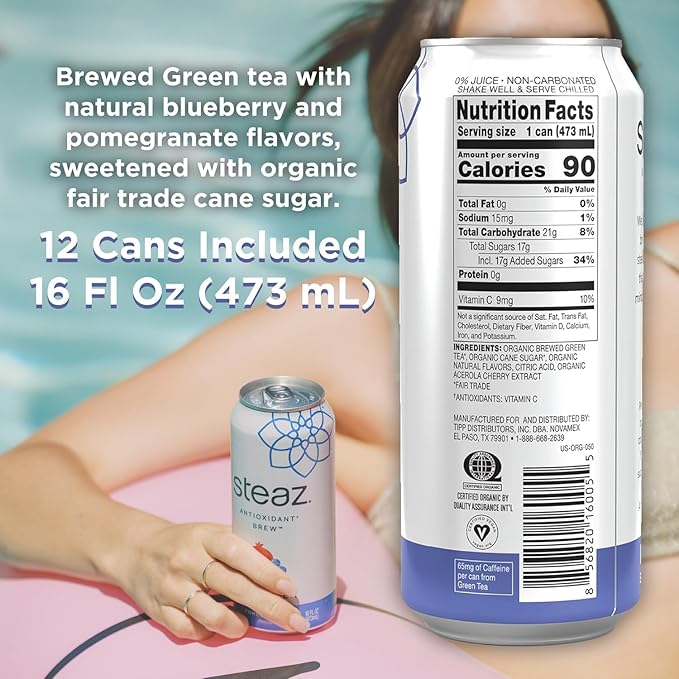 Steaz - Organic Green Tea - Blueberry Pomegranate (12 Pack) - Antioxidant Brew - 65mg Natural Caffeine, 90 Calories, Vitamin C - Cane Sugar Sweetened Iced Tea - Vegan - 12 Cans, 16 fl oz (473mL)