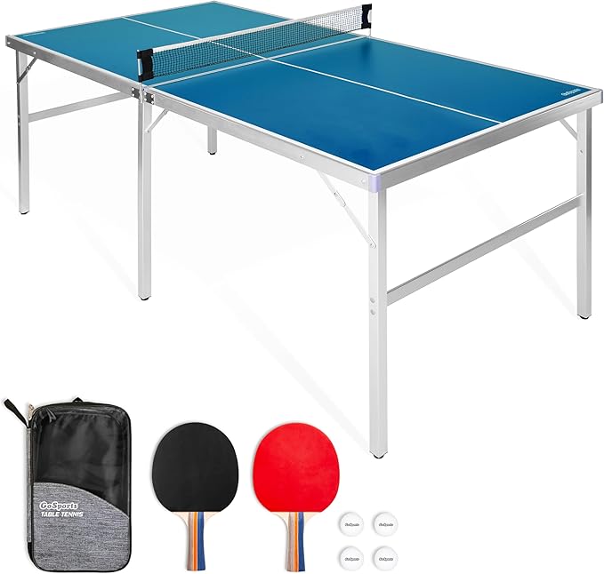 GoSports Mid-Size Table Tennis Game Set - Red or Blue - Indoor/Outdoor Portable Table Tennis Game with Net, 2 Table Tennis Paddles and 4 Balls