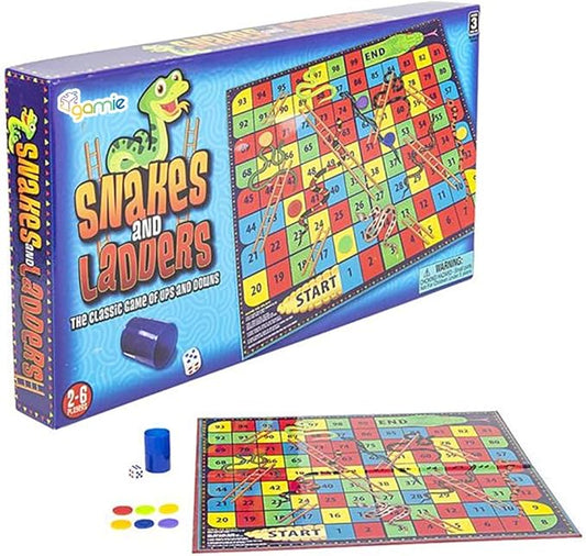 Gamie Snakes and Ladders Board Game for Kids, Complete Set with Board, 6 Pegs, and Dice, Classic Fun for Family Game Night and Classroom, Best Birthday Gift Idea for Boys and Girls