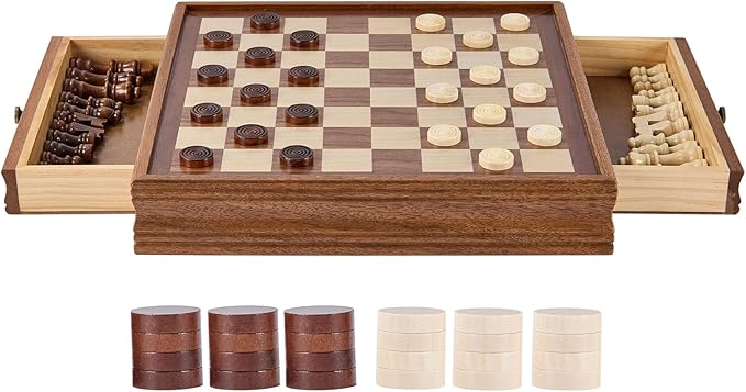 VEVOR Solid Wood Chess Set, 15 inch 2-in-1 Chess Checkers Game Set, Chess Board Games with Storage Drawer & Weighted Chess Checkers Pieces & 2 Queens, Christmas Crafts Xmas Gift