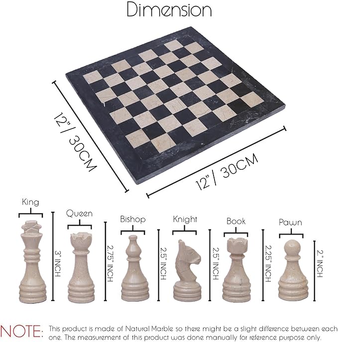 Handmade Marble Chess Set - Black & Verona (12 x 12 Inches) - Chess Sets for Adults - Premium Quality Chess Boards - Fancy Chess Boards