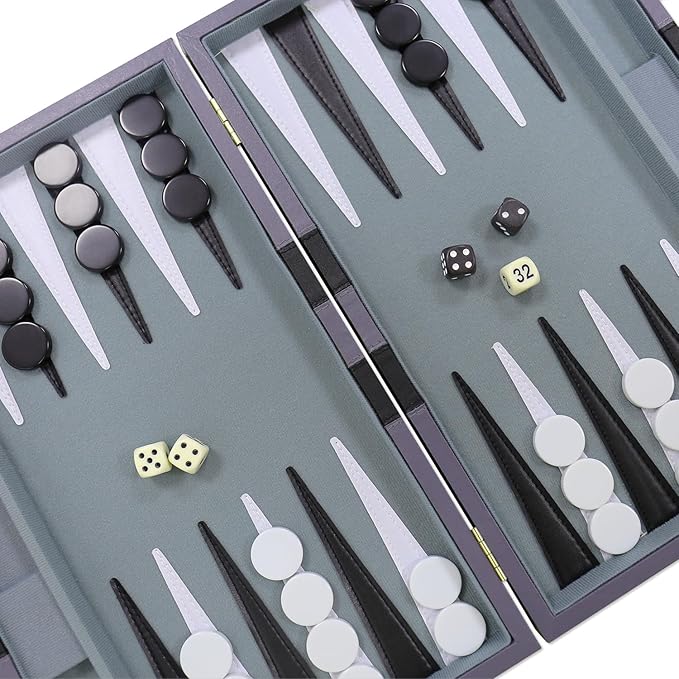 Backgammon Set - Classic Board Game with Premium Leather Case - Portable Travel Strategy Backgammon Game Set for Adults, Kids - Suitable as (11inch, Gray)