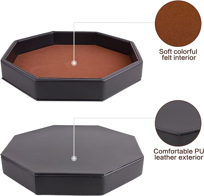 Dice Rolling Tray, Felt Lined PU Leather Octagon Dice Tray for Dungeon Crawler Games, Coffee