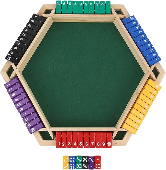 Wooden Shut The Box Dice Game for 6 Players - Multiplayer Tabletop Game with 12 Dice