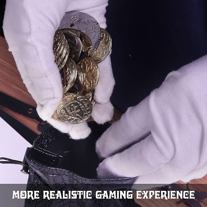 Byhoo 145 PCS Metal DND Coins & Leather Bag, Contains 60 Gold Coins, 40 Sliver Coins, 40 Copper Coins and 5 Platinum Coins, Tokens with Glow in The Night Eyes Bag for RPG Tablelap Games