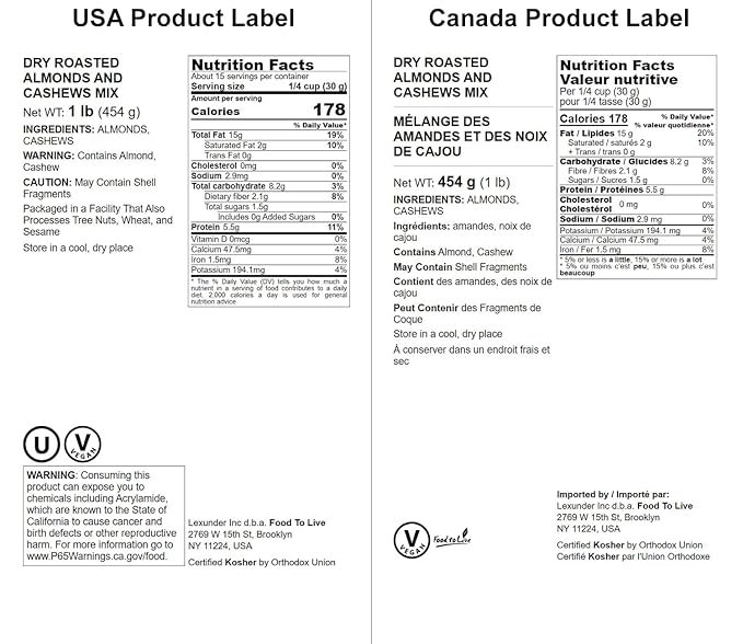 Food to Live - Dry Roasted Almonds and Cashews Mix, 1 Pound – Unsalted Oven Roasted Nuts, Protein Rich Trail Mix, Healthy Vegan Snack, No Oil Added