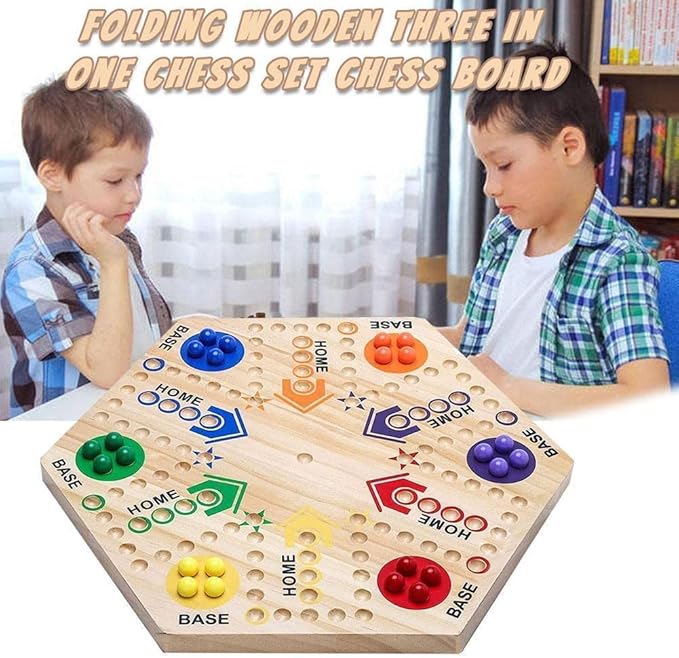 Wooden Board Game, Board Game Original Marble Game Double Sided Painted 2 to 6 Player Fast Track Board Game Wooden with 6 Colors 24 Marbles 6 Dice for Adults Kids Family(15 INCH)
