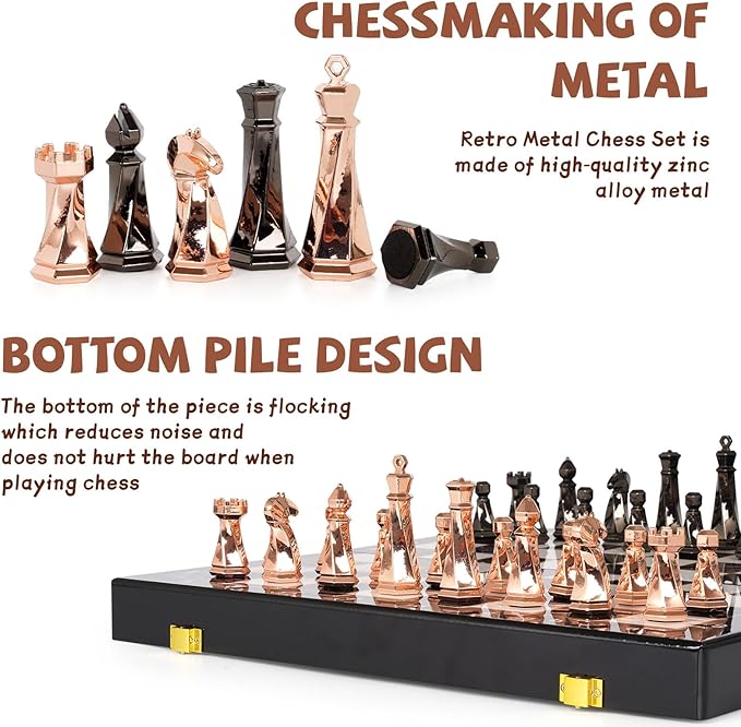 Metal Chess Set for Adults and Kids – 15" Wooden Chess Board with Modern Metal Chess Pieces Travel Chess Sets with Metal Chessmen – Collectible Elegant Chess Game – Family Vintage Board Game