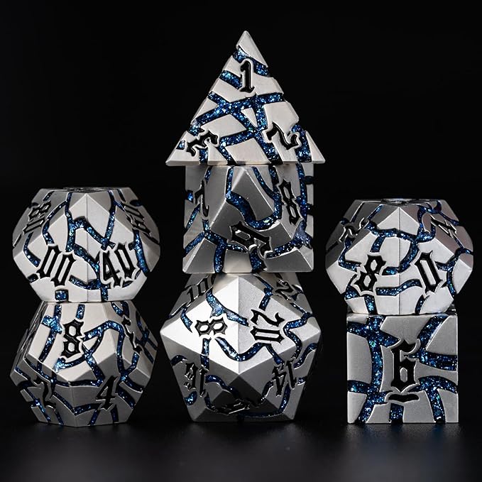 Dice Set D&D Dungeons and Dragons Dice D20 Metal DND Dice Set with Box, Polyhedral Role Playing Dice D12 D10 D% D8 D6 D4 for MTG RPG Board Games (Pearl Silver Blue)