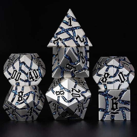 Dice Set D&D Dungeons and Dragons Dice D20 Metal DND Dice Set with Box, Polyhedral Role Playing Dice D12 D10 D% D8 D6 D4 for MTG RPG Board Games (Pearl Silver Blue)