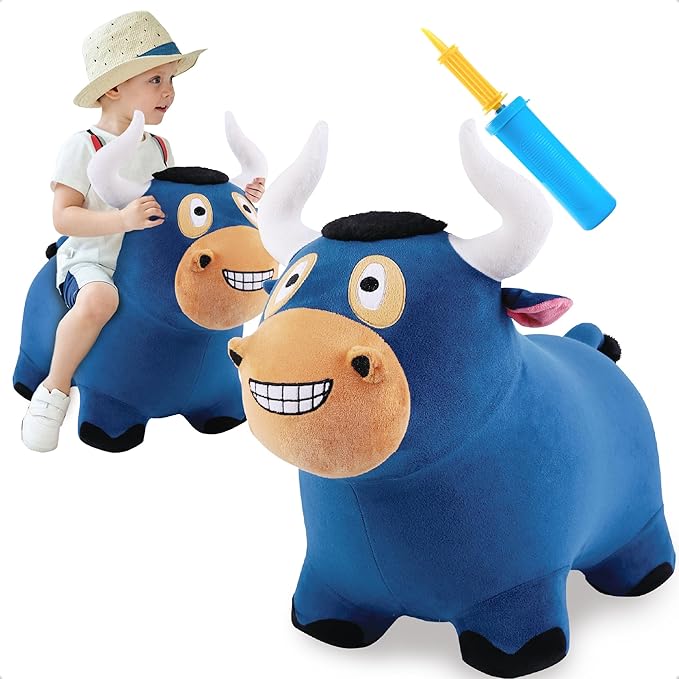 iPlay, iLearn Bouncy Pals Bull Hopping Horse, Plush Inflatable Animal Hopper, Indoor n Outdoor Ride on Jumping Bounce Toys, Birthday Gift for 18 Months 2 3 4 5 Year Old Kids Toddlers Boys Girls