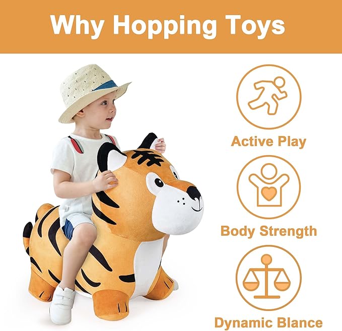 iPlay, iLearn Bouncy Pals Tiger Hopper Toy, Toddler Hopping Horse, Kid Plush Ride on Animal Bouncer W/Pump, Inflatable Bouncing Rider, Indoor Outdoor Jumping Birthday Gift 2 3 4 5 6 Year Old Boy Girl