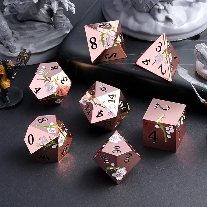 Metal Dice Set D&D, DNDND 7 PCS Flower Metallic DND Dice Set with Gorgeous Gift Case for Dungeons and Dragon Tabletop Game (Gold with White Flower)