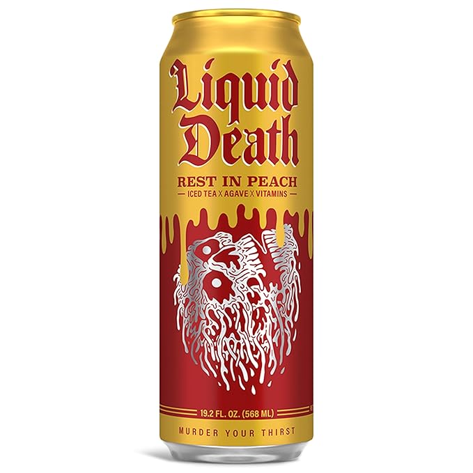 Liquid Death, Rest in Peach Iced Tea, 8-Pack (19.2oz Cans), Peach Flavored Back Tea, Low Calorie, No Artificial Sweeteners, B12 & B6 Vitamins