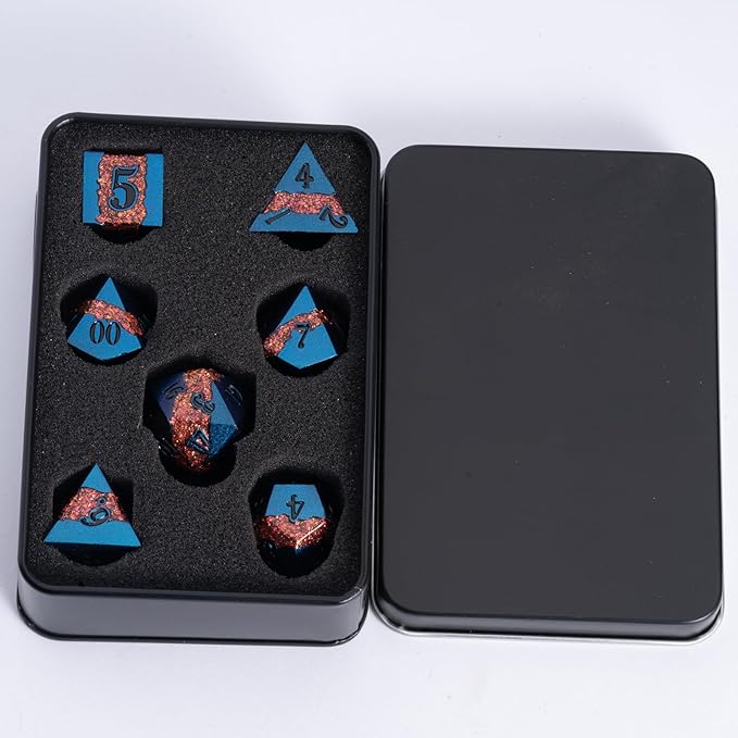 Large Stripe Metal Dice DND,Metallic Solid Crack Glittrer Dice Set with Gift Box,Polyhedral RPG Dice 7pcs Set